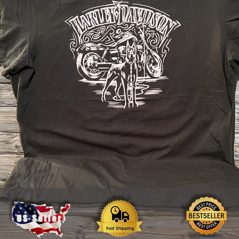 Harley Davidson Men’s XL Doberman And Motorcycle Graphic Print Tee Black NEW